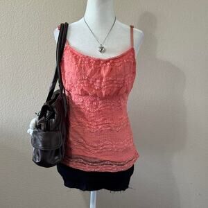 2000s coral pink lace floral tank with sheer back